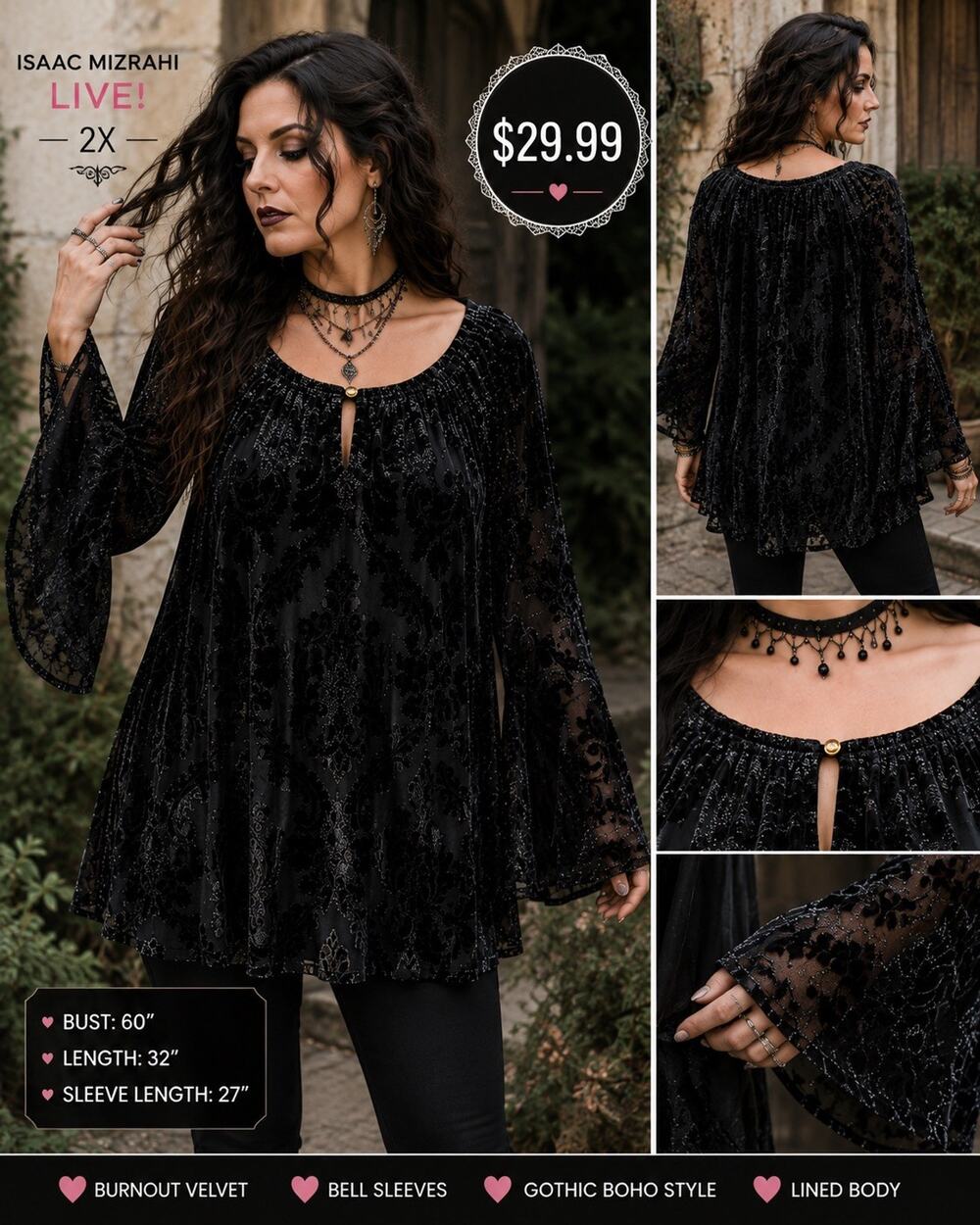 Isaac Mizrahi Live 2X Black Velvet Burnout Tunic Top Bell Sleeve Gothic Boho EUC